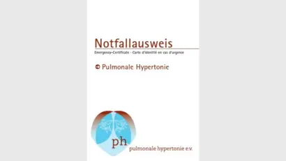 Abbildung eines Notfallausweises für pulmonale Hypertonie mit einer Herz- und Lungengrafik und dem Logo von „pulmonale hypertonie e.v."